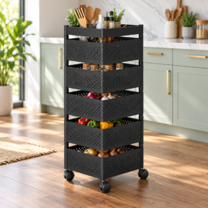 5-Tier Foldable Kitchen Trolley with Wheels – Black